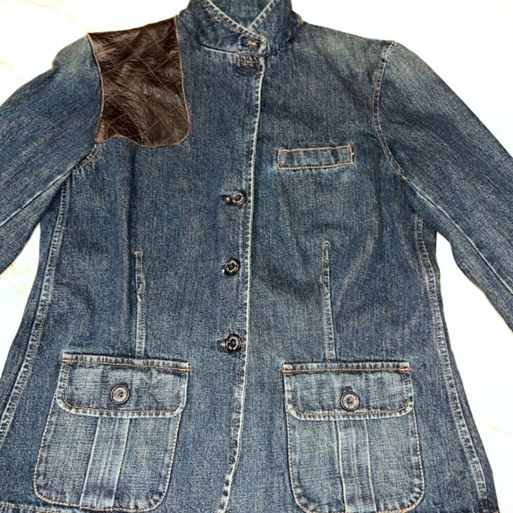 Ralph LAUREN Jean Co Premium Denim & Leather Jacket Button Up Size Large ~Preppy